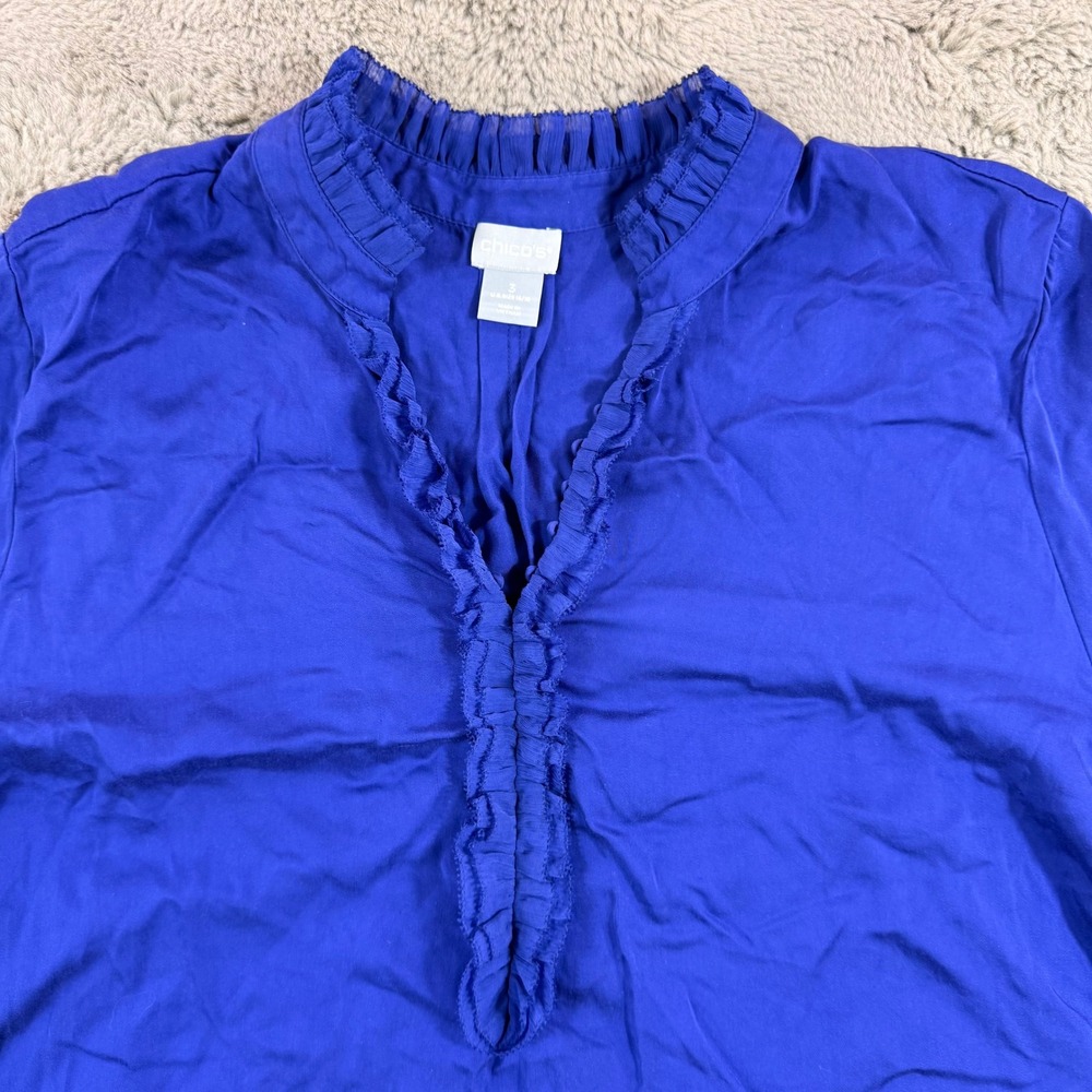 Chico's Size 3 (XL) Blue Ruffle Neck Long Sleeve Blouse Top Women's Career - Picture 8 of 9